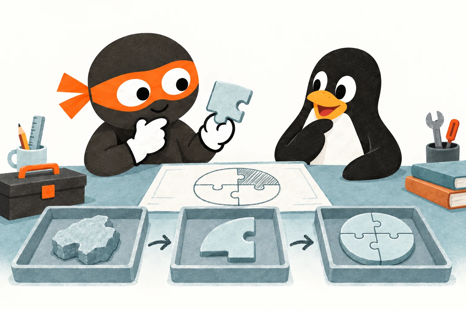 Zero and Tux reviewing a candidate piece before integration