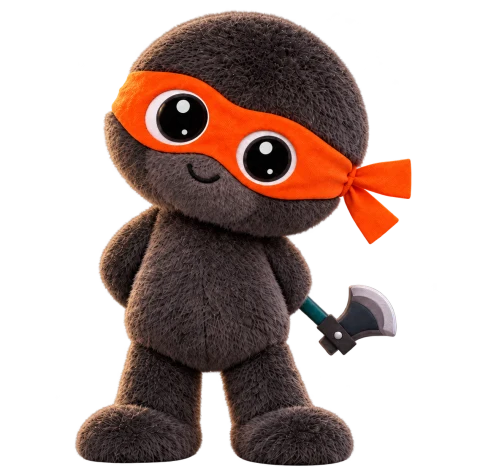 Zero, the plush orange-masked mascot holding an axe