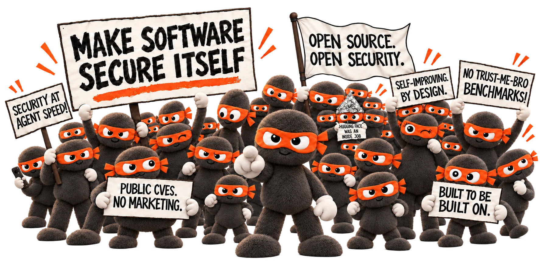 A crowd of protesting Zeros holds signs calling for software that secures itself, open source security, public CVEs and transparent benchmarks.