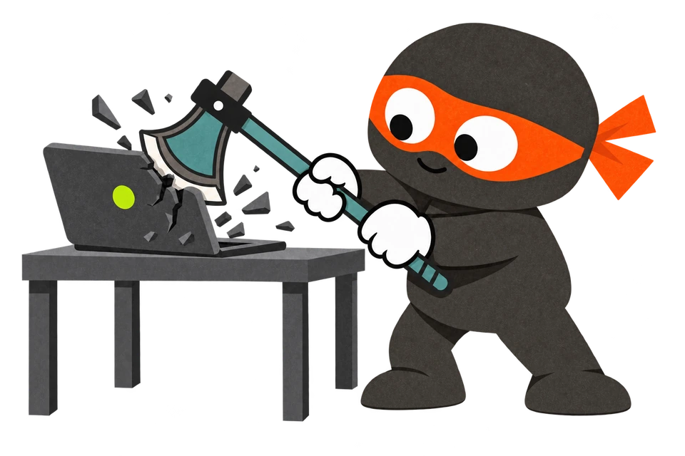 Zero standing and smashing a laptop on his familiar gray desk