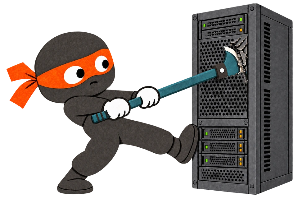 Zero bracing a foot against a server while pulling his axe free