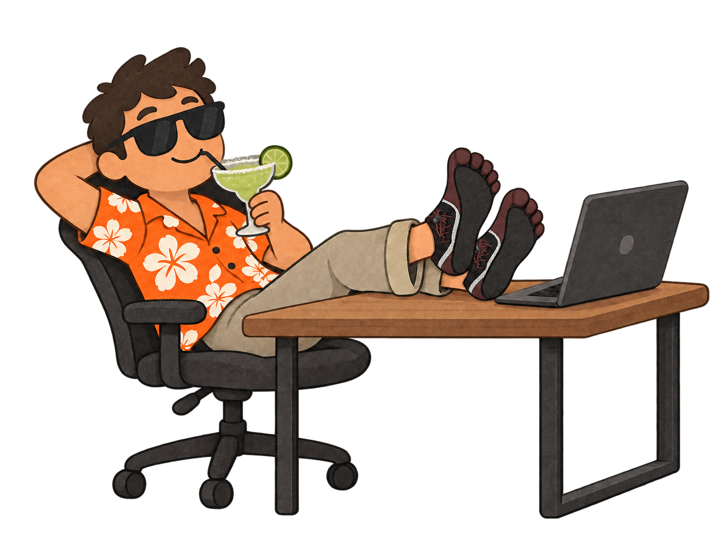A founder in a Hawaiian shirt and sunglasses relaxes with a margarita, feet on the desk beside a laptop.